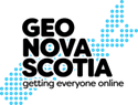 Logo for GEO Nova Scotia, featuring the words “GEO Nova Scotia – Getting Everyone Online” overlaid on a stylised blue silhouette of the province of Nova Scotia.